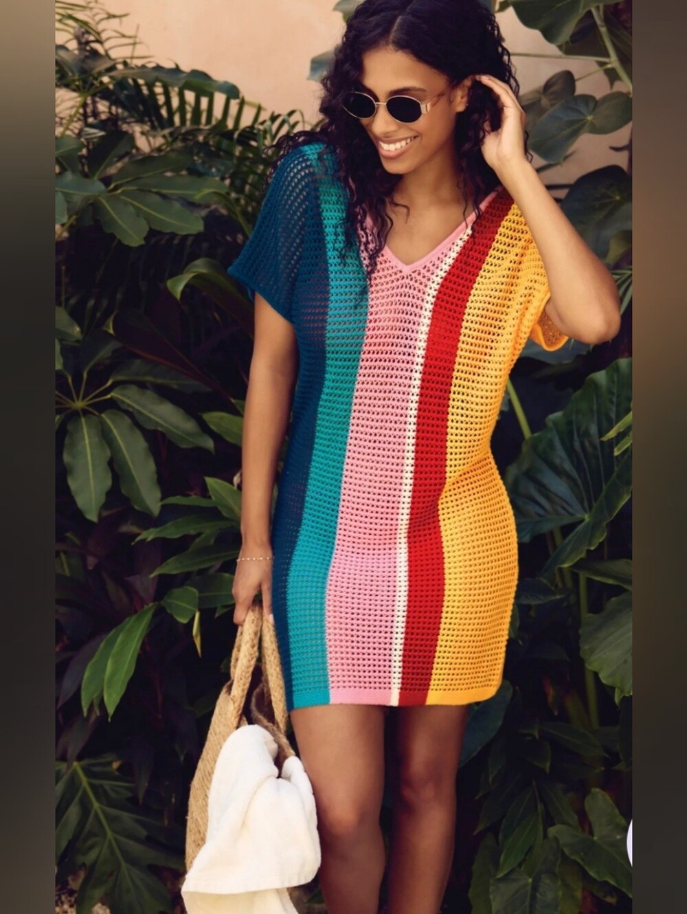 Skye Aubade 300 multi v-neck crochet fisherman net mesh dolman coverup dress new